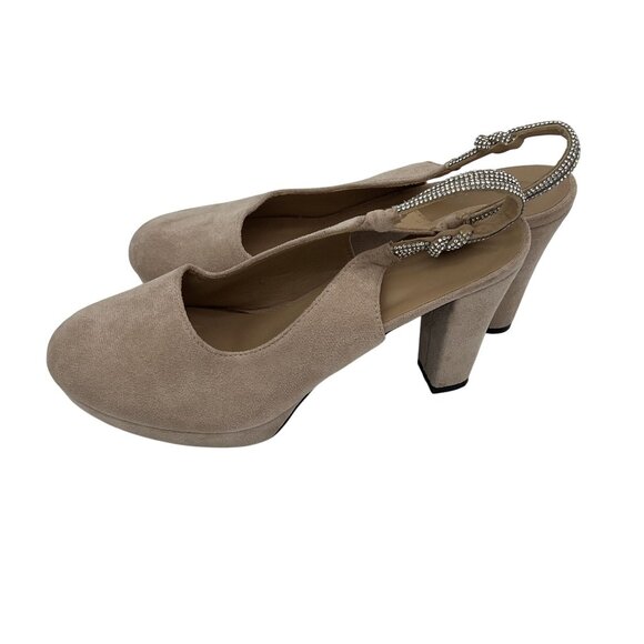Womens Beige Suede Platform Slingback Heels With Rhinestone Strap Size 10.5 - Picture 1 of 5